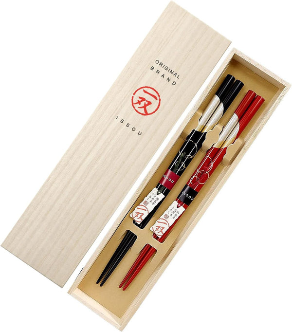 轮岛涂 情侣筷子一对，宵夜月图案，桐木盒装